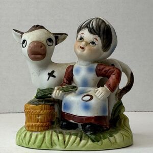Young Maiden Girl w/Cow Ceramic Figurine Red/Green/White Unbranded Vintage Farm